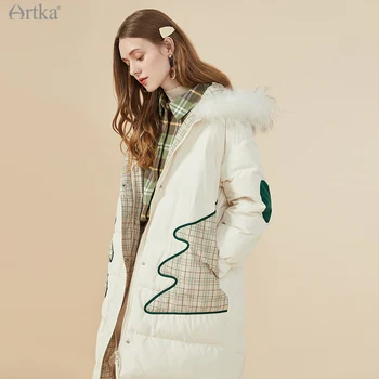 ARTKA 2020 Iarna Noi Femeile de Moda Sacou Carouri Mozaic 90% Alb Rață Jos Haina de Blană de Raton cu Gluga Îmbrăcăminte exterioară YK25004D
