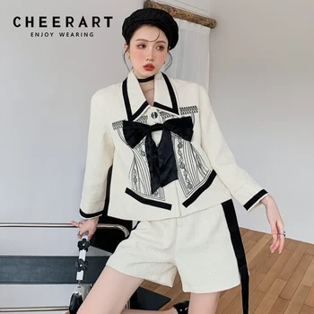 CHEERART Toamna 2021 Femei de Moda de Epocă Shacket Sacou de Tweed Broderie Arc coreea Moda Doamnelor Haina de Toamna Haine