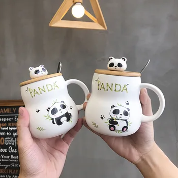 Desene animate drăguț panda Ceramica Cana 400ml Cu Capac si Lingura de Cafea cani Lapte Cani de Ceai Ceașcă de micul Dejun Drinkware Noutate Cadouri