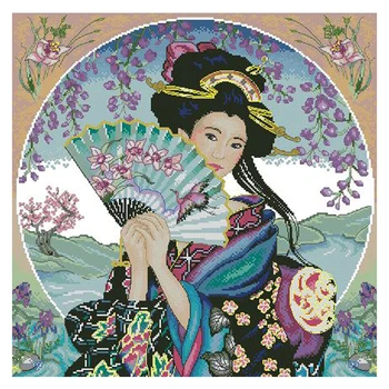 Amishop Numărat Goblen Kit Geisha Cu Fan Sakura Floare Chineză Japoneză Doamnă Femeie Fata