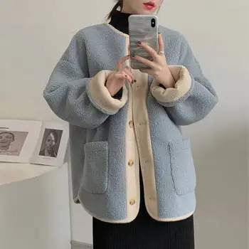 Vintage Mozaic de Iarnă Miel Haină de Lână Femei-coreean O-neck Singur Pieptul Cald Liber Sacou Fleece Streetwear de sex Feminin de Îmbrăcăminte exterioară