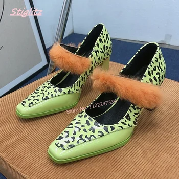 Leopardul Pete Verzi Pompe de Femei Nou Design de Lux Superficial Deget de la picior Pătrat Indesata Toc de Piele Elegant Petrecere de Moda Pantofi Blană
