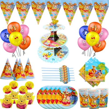 Copil Favoarea petrecerea de Ziua rechizite Disney Winnie Pooh set temă ziua de naștere pentru Copii dress set consumabile hârtie cupe fel de mâncare paie față de masă