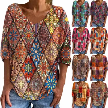 2022 Geometrice Contrast Maneca Lunga Tipărite Pierde T-shirt Femei Top Primăvară Toamnă Doamnă Elegant Tricou Supradimensionat V Gât Blusa