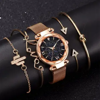 5 stucke Set Luxus Frauen Uhren Magnetische Cerul Înstelat Weibliche Uhr Quarz Armbanduhr Modul Damen Armbanduhr relogio feminino