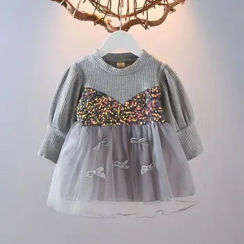 Fete Copilul Sequin Arc Printesa Rochie de Copil Baby Maneca Lunga Plasă de Puf Rochie Copii Îmbrăcăminte de Primăvară și Toamnă