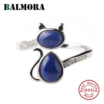 BALMORA 100% Argint 925 Picătură de Apă Lapis Lazuli Inel Pentru Femei Iubitor de Fată Retro Deschide Animal Pisică Ring Inel Statement Bijuterii Cadou