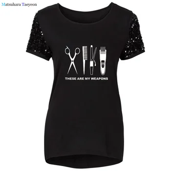 Frizer Tricouri Femei cu Paiete, Maneca Bumbac T-shirt Femei Foarfece Îmbrăcăminte Topuri Fată Casual Teuri Print cu Maneci Scurte