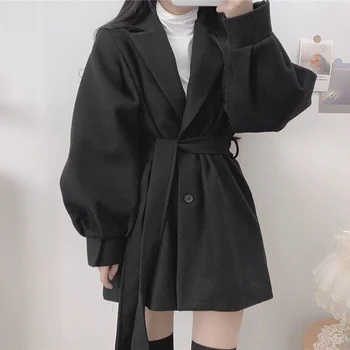 Moda de Toamnă și de Iarnă Lână de Amestec Negru cu mâneci Lungi Rever Haina Femeilor Centura Slim coreean Haină de Toate-meci de Îmbrăcăminte pentru Femei