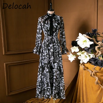 Delocah De Primăvară Pentru Femei De Moda Designer De Partid O-Linie Rochie De Flare Sleeve Arc Floral Print Doamnelor Elegante Rochii Lungi Vestidos 2021
