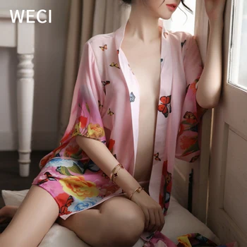 WECI Pijama Sexy Femme Pijamale Kimono Femei Șifon cămașă de noapte Transparentă Rochie de Lenjerie Japoneză Sleepwear Florale Halat de baie Nou