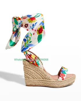 Doamna Satin Espadrile dantela-up wedge sandale platforma design open toe tocuri înalte, rochie de petrecere elegante sandale încălțăminte mărimea 46
