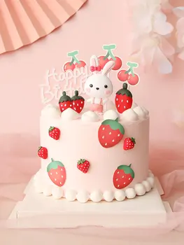 Iepuras roz Copii Strawberry Decorare Ziua de nastere Fericit Rabbit Moon Cake Topper pentru Copii, Petrecere Copil de Copt Consumabile Cadou Minunat
