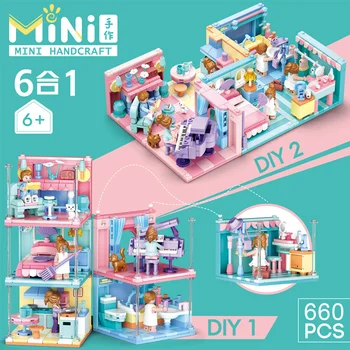 660pcs SLuban Blocuri 0757 Dormitor pentru Copii Model Mini Hand-made 6 În 1 Cameră Casă de Joacă Jucării Cadouri
