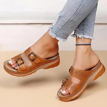 Femeile Închis Toe Pantofi De Vara 2022 Noi Comfort Double Buckle Wedge Doamnelor Sandale Plus Dimensiune Platforma Casual, Papuci De Femei