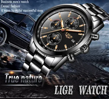 LIGE 9859 Mens Ceasuri Fashion Business Calendar Săptămână Ceas Sport rezistent la apa Complet din Oțel Cuarț Bărbați Ceasuri Reloj Hombre