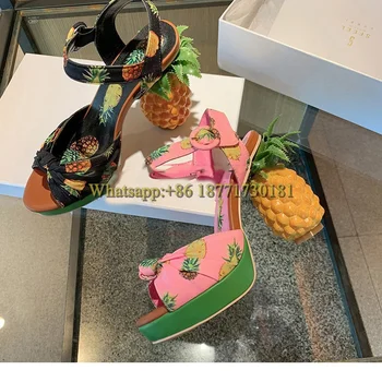 11.5 cm Funda Roz Ananas Toc Peep Toe Sandale Femei Vara 2022 Boem Toc Cataramă în Formă de Toc Catâri Pantofi pentru Femei