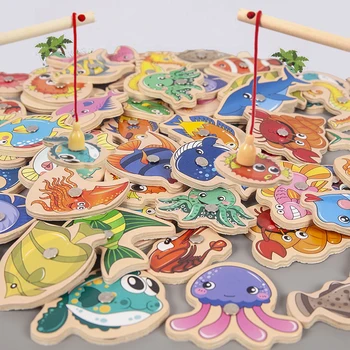 Montessori din Lemn Magnetic de Pescuit Jucarii pentru Copii de Desene animate Viața Marină Cunoaștere Fish Games Educație Interactive Părinte-Copil