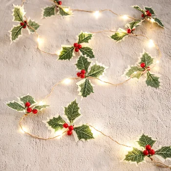 2M Crăciun Holly Roșu Boabe de Lumină Șir Baterie Sârmă de Cupru Lumini de Pom de Crăciun Ghirlanda de Frunze de Flori Ornamente Decor de Anul Nou