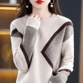 Vintage Moda Coreeană Contrast De Culoare Vrac Pulover Tricotate Toamna Iarna Casual Street Pulovere Maneca Lunga Top De Sex Feminin Jumperi