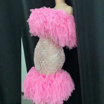 Moda Roz a ochiurilor de Plasă Strapless Rochie Bodycon Femei Ziua Balului Perla mozaic Perspectivă rochii de partid femei în seara club de noapte