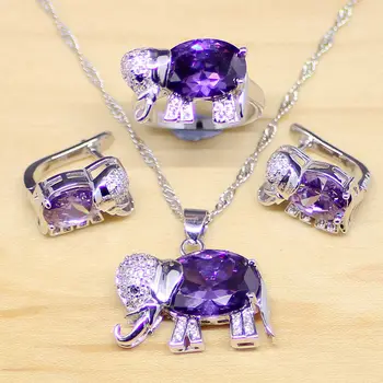 Elefant în Formă de Violet Cubic Zirconia Albe CZ Argint 925 Seturi de Bijuterii Femei Cercei/Pandantiv/Colier/Inele