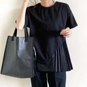 Japoneză coreeană de Moda pentru Femei T-shirt cu Maneci Scurte Culoare Solidă Mozaic Subțire Pulover Topuri Minimalism Doamna de Agrement Bluza 2022