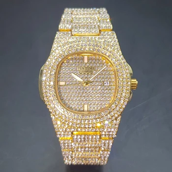 Hip Hop Rapper Ceasuri De Aur Pentru Bărbați De Lux Complet Diamant Bijuterii Strălucitoare Ceas De Mână Moda Bling Cristal Rezistent La Apa Gheata Ceas