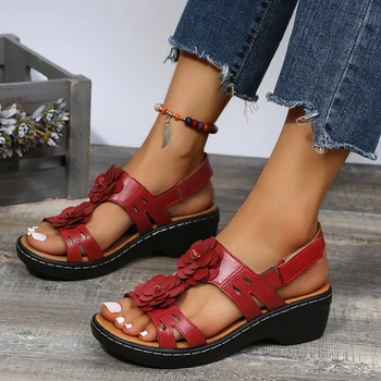 Vara Femei Pantofi Casual Vintage Flower Gură De Pește Sandale Femei Stras Mijlocul Tocuri Wedge Sandale Degetele De La Picioare Deschise De Mari Dimensiuni