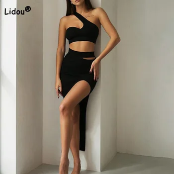 Rochie De Vara Femei 2022 Club Sexy Pe Un Umar Vesta Gol Afară Backless Moda Split Fără Mâneci Midi Neagra Fusta Două Bucata Set