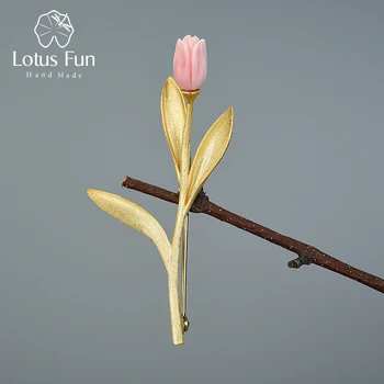 Lotus Distractiv Iubire Veșnică Floare de Lalea Broșe Real Argint 925 cu Aur de 18K Handmade, Design de Bijuterii Fine cel Mai bun Cadou pentru Femei
