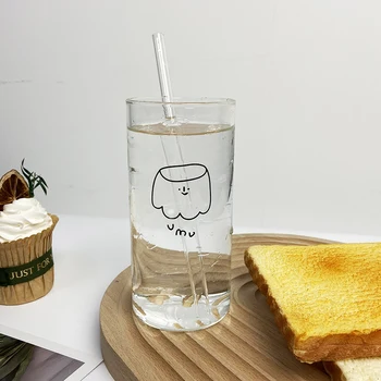 Holaroom Lapte Suc De Cana De Cafea Desene Animate Cupa De Sticla Cana De Apa Cu Paie Transparent Lapte Ceașcă De Ceai De Bucătărie De Sticlă Drinkware Practice