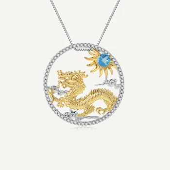 GEM de BALET Elvețiană Naturale Topaz Albastru Zodiac Chinezesc Bijuterii Argint 925 lucrat Manual Mitul Dragonului Pandantiv Colier Pentru Femei