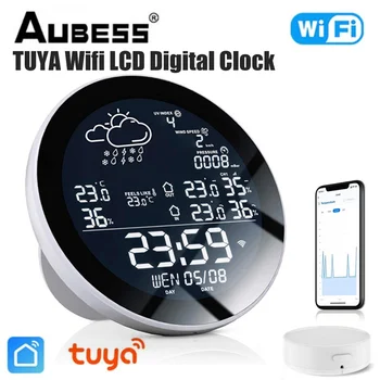 TUYA Wifi LCD Ceas Digital, Temperatură Umiditate Metru Interioară în aer liber, Inteligent Termometru Higrometru Stație Meteo-LEA Senzor