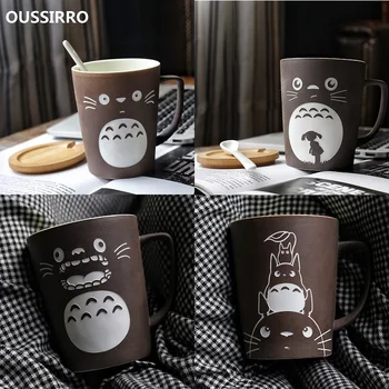 350 / 520ml Desene animate Totoro de mare Capacitate Ceramice lucrate Manual Cana de Cafea Cu capac Si Lingura Mată Ceramica Birou Cești de Cafea