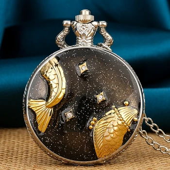 Relief de Artă Încrustate cu Diamante de Buzunar Ceas de Lux Negru Cerul Înstelat Solzi de Pește și Coadă de Pește Colier Cuarț Ceas de Buzunar din Argint