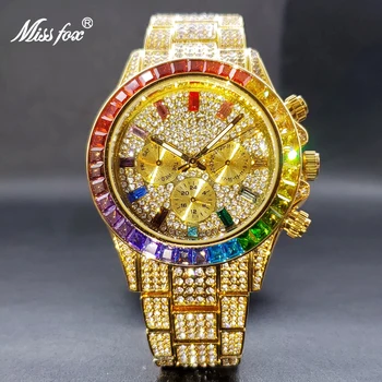 Ceas de aur Pentru Bărbați MISSFOX Curcubeu Baugette Clasic Elegant Cuarț Ceasuri Cu Calendar Diamant Ceas Dropshipping