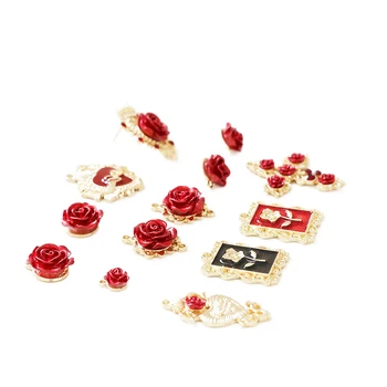 Roșu festiv floare trandafir K aur din Asia Cruce de Aur cu Diamant Pandantiv bijuterii DIY cercei accesorii material 2 buc