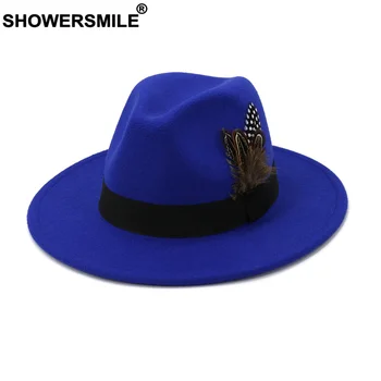 SHOWERSMILE Albastru Regal Femei Bărbați de Lână VintageTrilby Simțit Fedora Pălărie cu Pene Biserica Pălării cu Borul Larg de Toamna si Iarna Jazz Capace