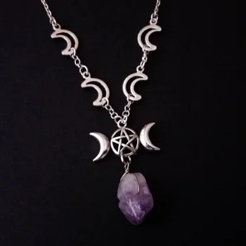Moda Triple Luna Naturale Violet De Cuarț Pandantiv Colier Gotic Bijuterii Vrăjitoare Amuleta Colier Doamnelor Partid Cadou