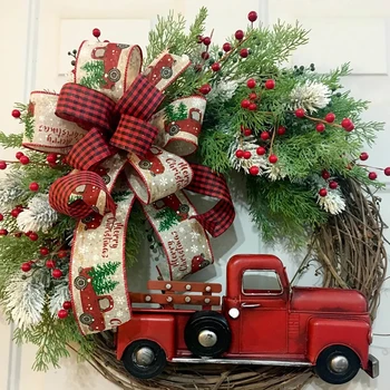 2022 Decor De Crăciun Camion Roșu Coroană De Flori Agățat Ușă Fermă Geam Usa Decor De Crăciun Arc Boabe De Iarnă Coroană De Flori