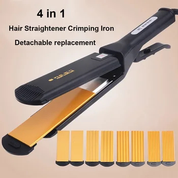 4-în-1 de Păr Îndreptat Părul Șovăi Bigudiuri Interschimbabile Plăci Fiare de călcat Curling Încrețire Fier Crimper Instrumente de Hair Styling