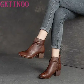 GKTINOO Pantofi Femei Cizme cu Platforma 2022 de Primavara/Toamna din Piele Zip Rotund Toe Cusut Manual Glezna Cizme de Doamnă