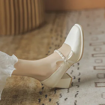 Mary Jane Pantofi cu toc pentru Femei Arc 2022 Primăvară Nouă Toate-meci Retro Pearl cu toc Gros din Piele Pantofi de Designer de Lux Tocuri
