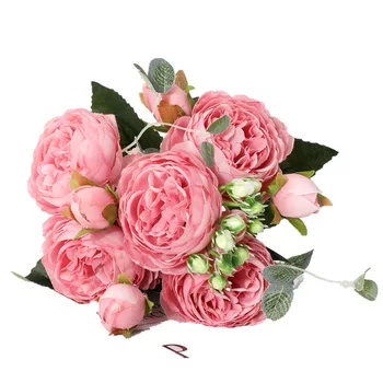1 Buchet de 5 Cap Mare și 4 Bud Fals Ieftin Flori pentru Acasă Decorare Nunta Trandafir de Mătase Roz Bujor Flori Artificiale