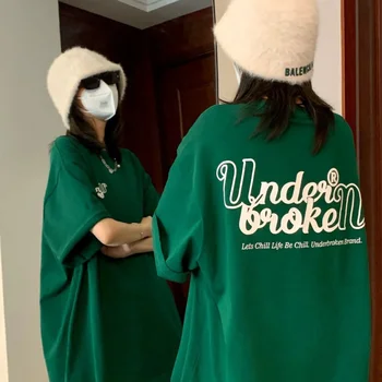 DAYIFUN Bumbac Scrisoare de Imprimare Verde T-shirt-uri de Mari Dimensiuni American Vrac Tee coreean Harajuku Vară Scurt-maneca de Sus Haine de sex Feminin