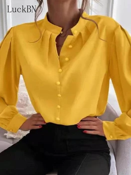 Moda Femei Elegante Butoane Stand Guler Camasi de Primavara Casual Culoare Solidă Mâneci Lungi Slim Straight Cardigan Bluze de Birou
