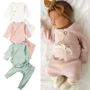 0-18 luni Copil Nou-născut 2 BUC Set Maneca Lunga Tricot cu Dungi Romper Pantaloni Lungi Băiat de Iarna pentru Fete Pijamale, Haine, Tinuta Set