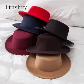 Noul Clasic de Culoare Solidă Simțit Pălării pentru Bărbați, Femei Lână Artificială Amestec de Jazz Capac Margine Largă Biserica Simplu Derby Plat Pălărie de Top