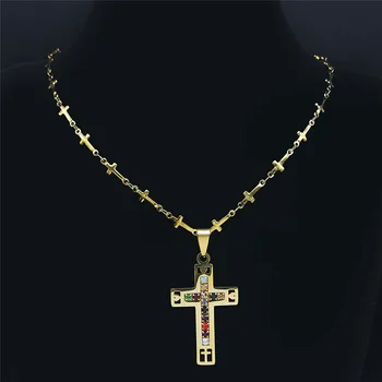 Din Oțel inoxidabil Cristal de Culoare de Aur Catolică Cruce Isus Lanț Colier Femei/Bărbați Religie Coliere Bijuterii bijoux N4412S05